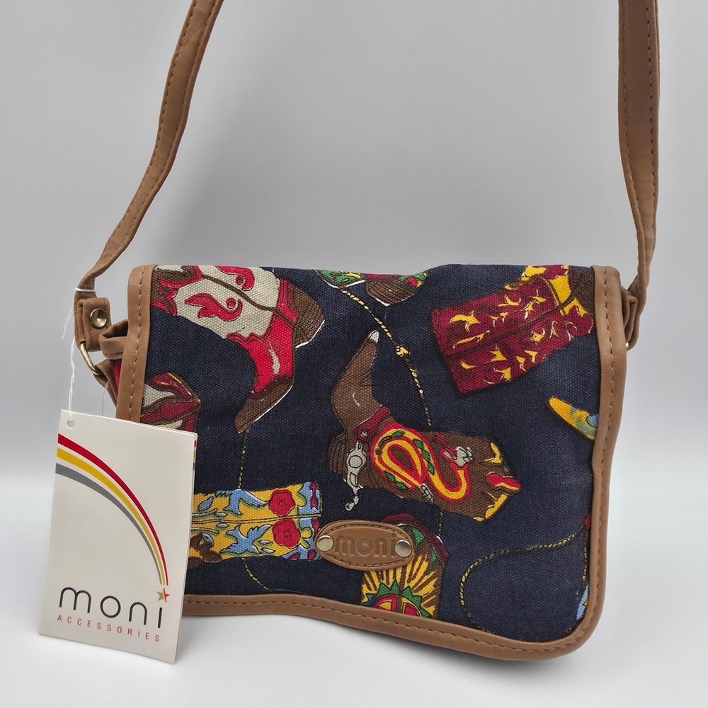 Moni Accessories Cowboy Boot Print Crossbody Bag Navy Blue Western Demim NWT
